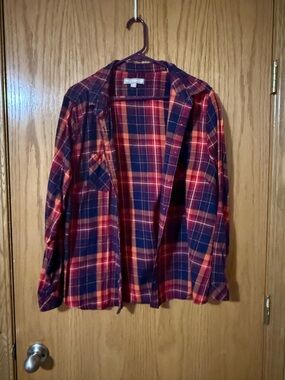 Victorian Collection Plaid Button-Up Shirt in Red, Navy & Orange